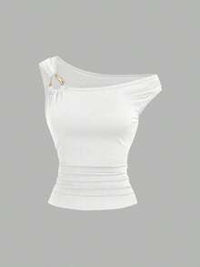 Camiseta ajustada con cuello asimétrico talla grande, top casual versátil, primavera/verano - Blanco - Ver 4