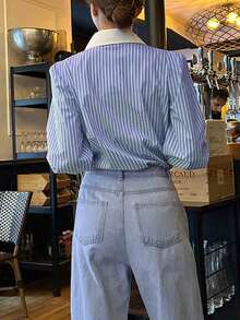 de manga larga con botones y rayas casuales para uso diario, camisa de mujer para otoño - Azul - Ver 2