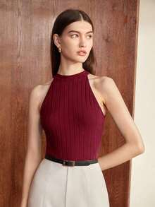 Camiseta de tirantes ajustada de cuello redondo básica para mujer, adecuada para el transporte urbano, la oficina, el estilo casual de negocios, las fiestas y otras ocasiones - Burdeos - Ver 7