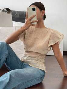 Blusa de mujer de cuello redondo liso, con mangas con volantes y cintura ceñida - Albaricoque - Ver 4