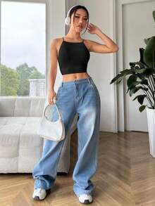 Top Corto Ajustado Y Sin Mangas En Color Sólido Para Mujer Con Cuello Halter - Negro - Ver 7