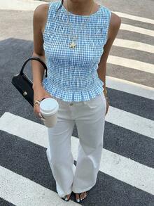 Top sin mangas con escote cuadrado, estampado de cuadros, con volantes en el bajo, para mujer.Top casual de verano con Body fruncido, estilo estético a cuadros, para vacaciones y salidas - Azul y blanco - Ver 4