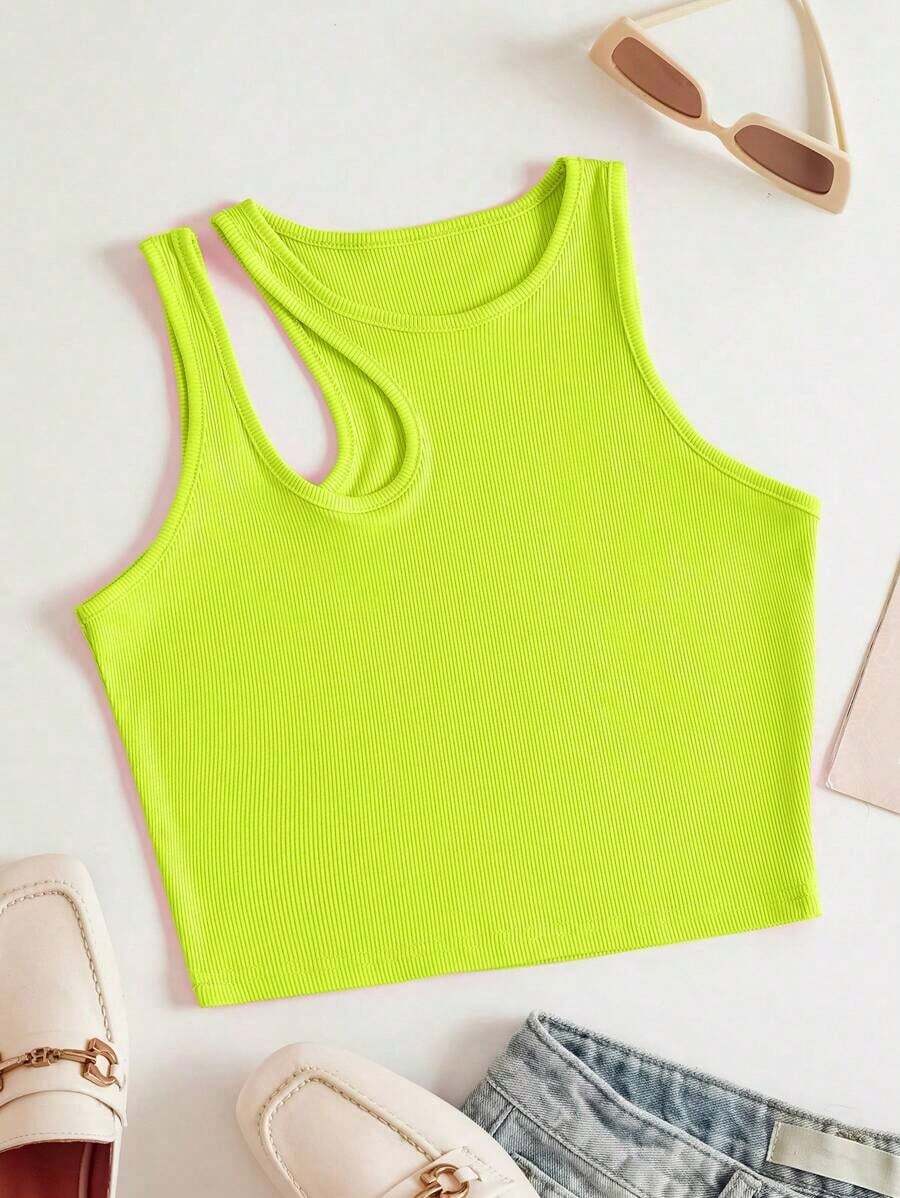 Top Sin Mangas De Punto Acanalado Con Hombro Cortado Sólido Para Verano - Verde - Ver 1