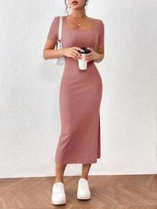 Frenchy Vestido elegante de unicolor de manga corta con abertura simple para mujeres - Marrón - Ver 3
