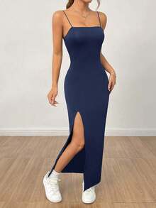 Vestido largo negro de mujer con correa de abertura alta y unicolor - Azul marino - Ver 5