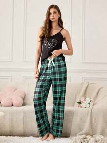 Pantalones de pijama holgados con lazo y estampado de cuadros para mujer, otoño e invierno - Verde - Ver 5