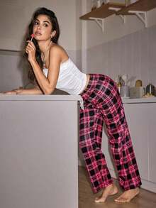 Pantalones de pijama holgados con lazo y estampado de cuadros para mujer, otoño e invierno - Rosa coral - Ver 3