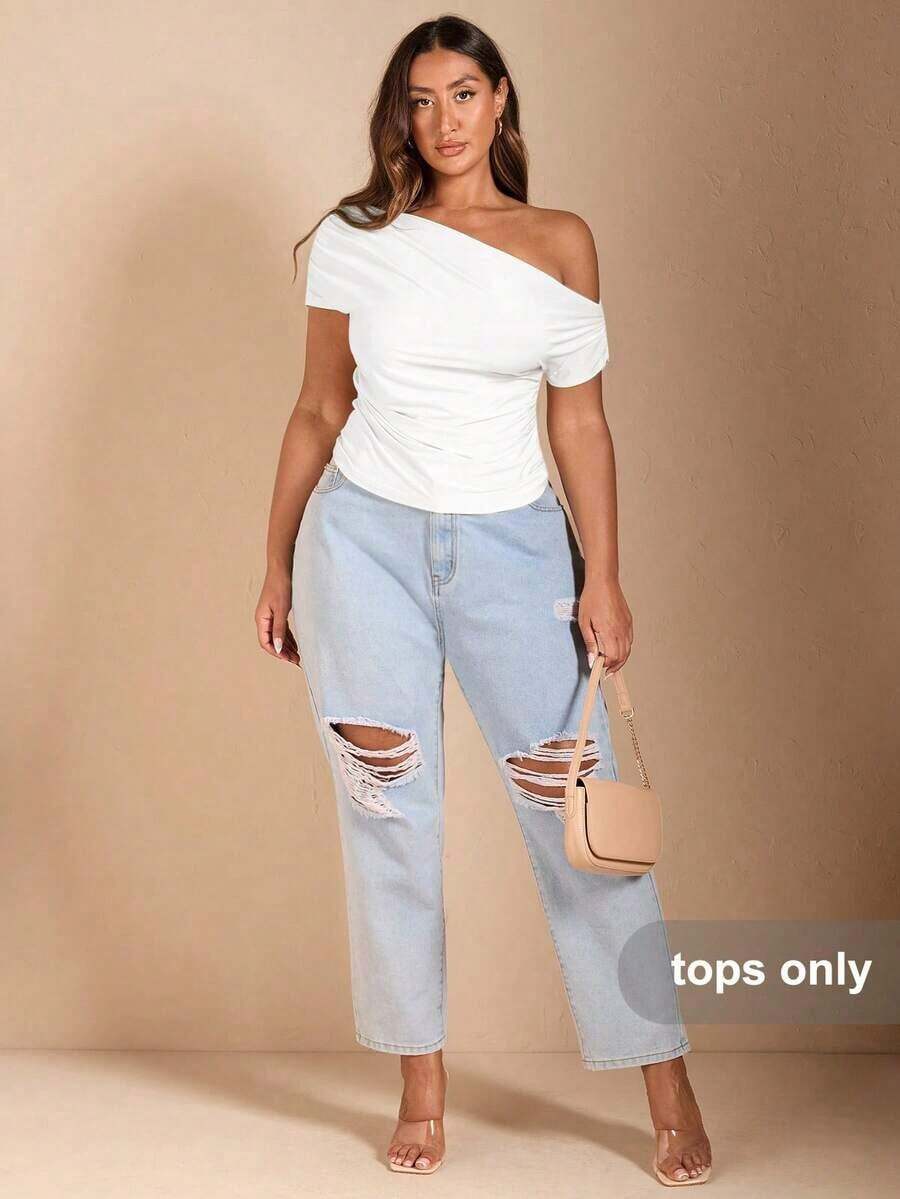 Camiseta negra de manga corta con hombro asimétrico para mujer de talla grande, ideal para verano, vacaciones en la playa, festivales de música country, fiestas, vacaciones, conciertos, fiestas de carnaval, festivales, top amarillo mantequilla, - Blanco - Ver 1