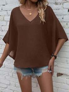 Camisa de manga corta de unicolor, cuello en V, holgada y casual para vacaciones - Marrón - Ver 5