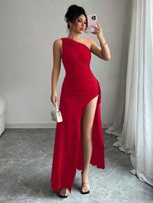 Nuevo vestido negro asimétrico sexy con hombro plisado, recorte hueco y abertura alta, adecuado para vacaciones, citas y fiestas en verano - Rojo - Ver 4