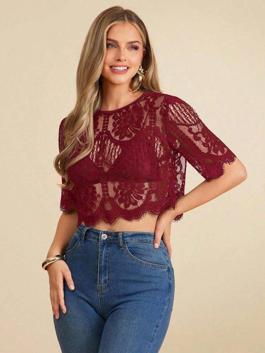 Blusa suelta de manga corta con encaje elegante para mujer, adecuada para la temporada de bodas, citas, primavera y verano, color: Blusa de verano casual de primavera y verano para mujer Blusa blanca Blusa bohemia Blusa de ojal Blusas de verano par - Burdeos - Ver 1