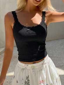 Camiseta sin mangas de mujer con encaje, parches y lazo, ajuste ceñido, casual y sexy - Negro 2 - Ver 5