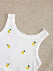 Camiseta de tirantes con cuello redondo, estampado de flores de cerezo y recorte de concha para mujer - Blanco 2 - Ver 4