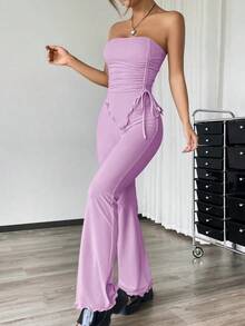 Conjunto de dos piezas con top asimétrico bandeau fruncido de unicolor y pantalones acampanados para mujer - Lila Púrpura - Ver 4