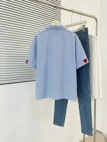 New Striped Letter Embroidered Front Button Casual Short Sleeve Shirt, Suitable For Spring/Summer Commute, Daily Wear, And Date Outfits - Blue - View 5