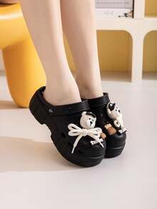 ASOFTER Sandalias de suela gruesa huecas para mujer, nuevo diseño de primavera/verano con colgante de oso, decoración de patatas fritas y encaje, adecuadas para uso casual, citas, viajes, moda y versátil - Negro - Ver 3