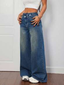 ALO FASHION Women's Wide-Leg Washed Denim Jeans, Casual And Elegant Style, Loose And Stretchy Fit, Ideal For Autumn. - 寶藍色 - 查看 4