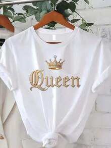1 pieza talla grande - Talla grande - Talla grande, camiseta de mujer talla grande con estampado de corona de reina - top de manga corta con cuello redondo estampado en negro y dorado, camiseta casual y elegante para fiestas, bodas, Navidad, lavable a máquina (primavera, verano, otoño) 180g 100% algodón. - Blanco - Ver 6