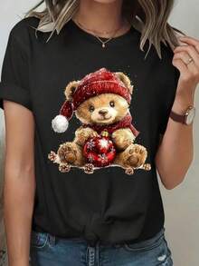 Unisex Short-Sleeved Crew Neck T-Shirt. Features A Bear And Christmas Ornament Print, Colorful Design, Perfect For This Season And Everyday Wear. Eye-Catching, Modern, Loose Fit, Crew Neck, Short Sleeves, Ideal For The Whole Family. 2026 - 黑色 - 查看 1