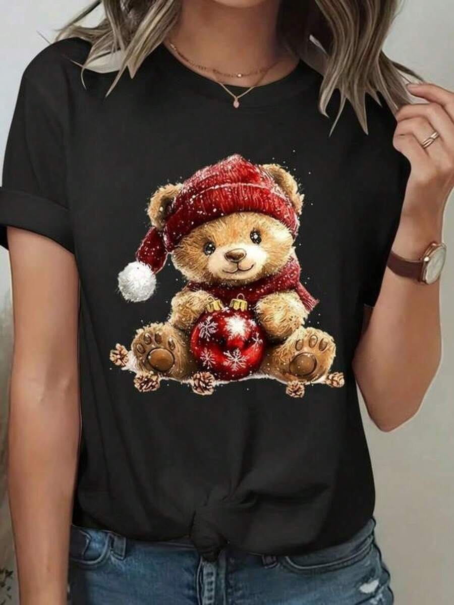 Unisex Short-Sleeved Crew Neck T-Shirt. Features A Bear And Christmas Ornament Print, Colorful Design, Perfect For This Season And Everyday Wear. Eye-Catching, Modern, Loose Fit, Crew Neck, Short Sleeves, Ideal For The Whole Family. 2026 - 黑色 - 查看 1