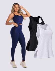 3-Piece Set Of Women's Fitness Sportswear: High-Waisted Leggings + Top With Removable Padding (Zero Transparency) + Dry-Fit Tank Top - Ideal For Workouts, Training, And Running - 藏蓝色 - 查看 2