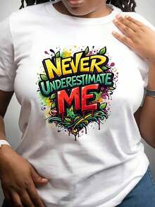 Boho Graphic T-Shirts With Graffiti Print For Women - Full Slogan: "NEVER UNDERESTIMATE MYSELF" - Women's Summer Clothing, Casual Short Sleeve Cotton T-Shirt, Fashionable Tops For Women, Loose Summer T-Shirts, Everyday Wear, A Bold T-Shirt For Music Festivals And Events. Suitable For Spring, Summer, And Autumn. - 白色 - 查看 1