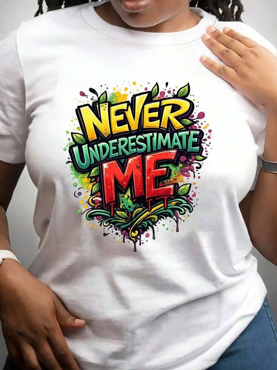 Boho Graphic T-Shirts With Graffiti Print For Women - Full Slogan: "NEVER UNDERESTIMATE MYSELF" - Women's Summer Clothing, Casual Short Sleeve Cotton T-Shirt, Fashionable Tops For Women, Loose Summer T-Shirts, Everyday Wear, A Bold T-Shirt For Music Festivals And Events. Suitable For Spring, Summer, And Autumn. - 白色 - 查看 1