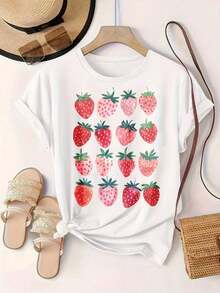 Women's Casual T-Shirt - Short Sleeve T-Shirt With Strawberry And Red And Pink Fruit Print, Round Neck, Summer Top, Machine Washable, Ladies' T-Shirts, Casual Wear, Modern Style, Comfortable Fit

-White 100% Cotton Durable - 白色 - 查看 2