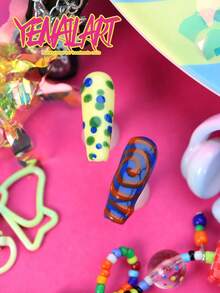 10Pcs Handmade Square Press On Nails, European Full Cover Y2K Summer Nails, Gradient Blue Yellow Green Purple, Cartoon Ghost Mushroom & Star Patterns, Fun False Nails For Music Festivals, Daily Life And Parties, Nail Supplies - Multicolor - View 6