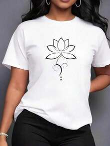 Women's Summer LooseTop, Casual Short Sleeve T-Shirt With Magnolia Flower Print Design, Everyday Casual Wear, Lightweight And Breathable Fabric, Casual Top For Women | RADCBasic Women's Basic Tops Women's Cotton Crew Neck T-Shirt - 白色的 - 查看 12