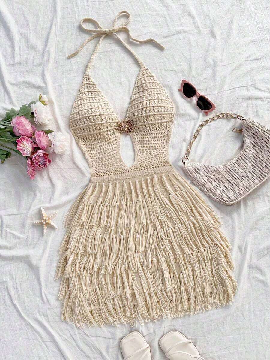 Vestido de suéter ajustado con cuello en V, escote halter y espalda con lazo, estilo bohemio, para vacaciones, otoño/invierno - Albaricoque - Ver 1