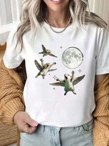 ModaModaGraphic Camiseta de manga corta con cuello redondo para mujer, estampado vintage, diseño gráfico de ardillas voladoras bajo el cielo nocturno de la luna, camiseta informal negra para mujer con diseño de animales y estrellas adorables. Los estampados divertidos son adecuados para fiestas de Navidad, actividades deportivas, fiestas navideñas, deportes y otros regalos festivos (220g). Conjuntos de Verano para Mujer Y8S82026 - Camiseta de Manga Corta Casual y Linda con Estampado - Blanco - Ver 6