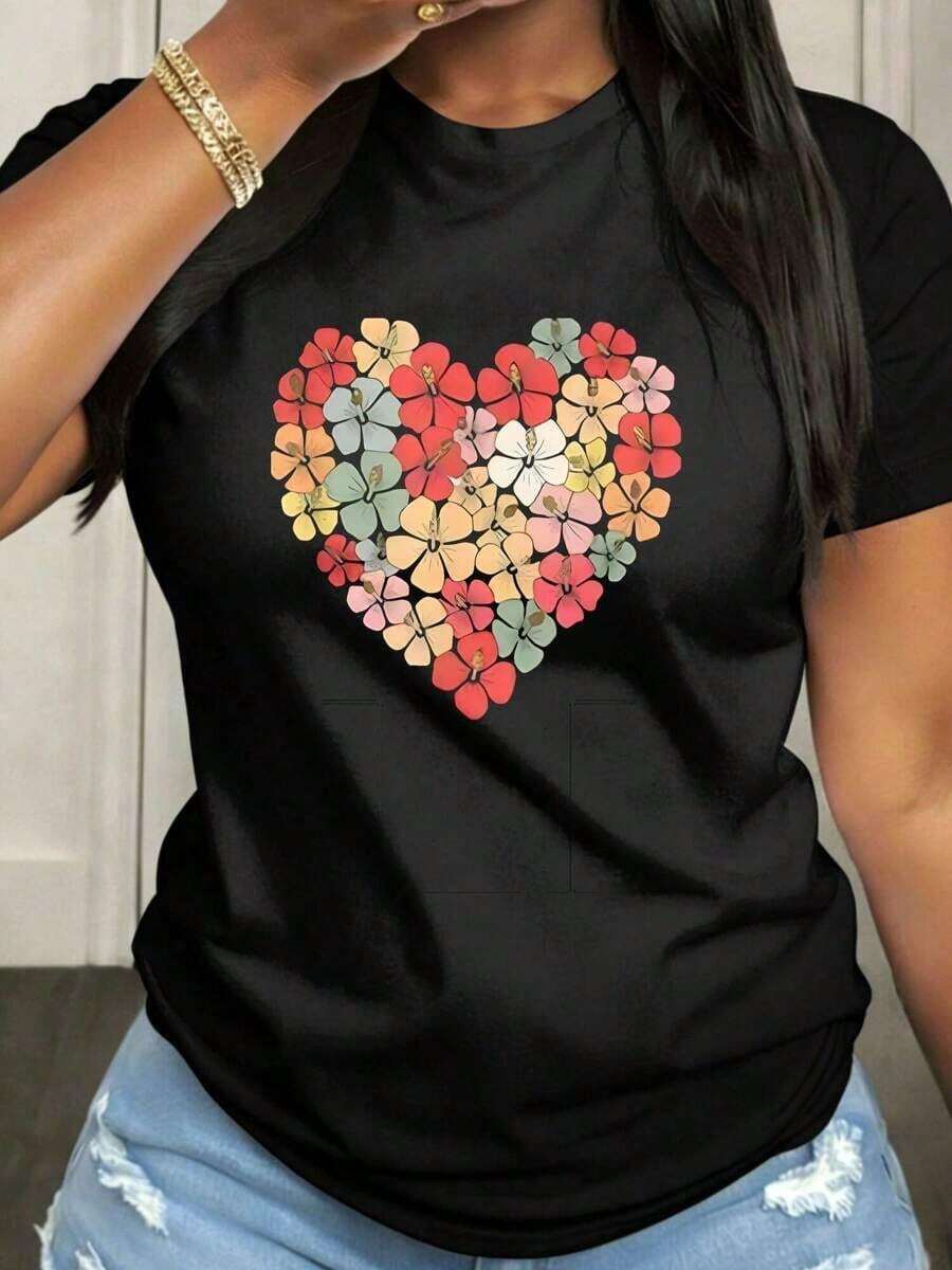 Women's T-Shirt With A Hawaiian Floral Heart Design For Valentine's Day, Mother's Day, New Year's Day, Short Sleeve, Round Neck, Casual Style, With Medium Elasticity Fabric, Suitable For Spring, Summer And Autumn, Machine Washable, Fun Design. - 黑色 - 查看 1