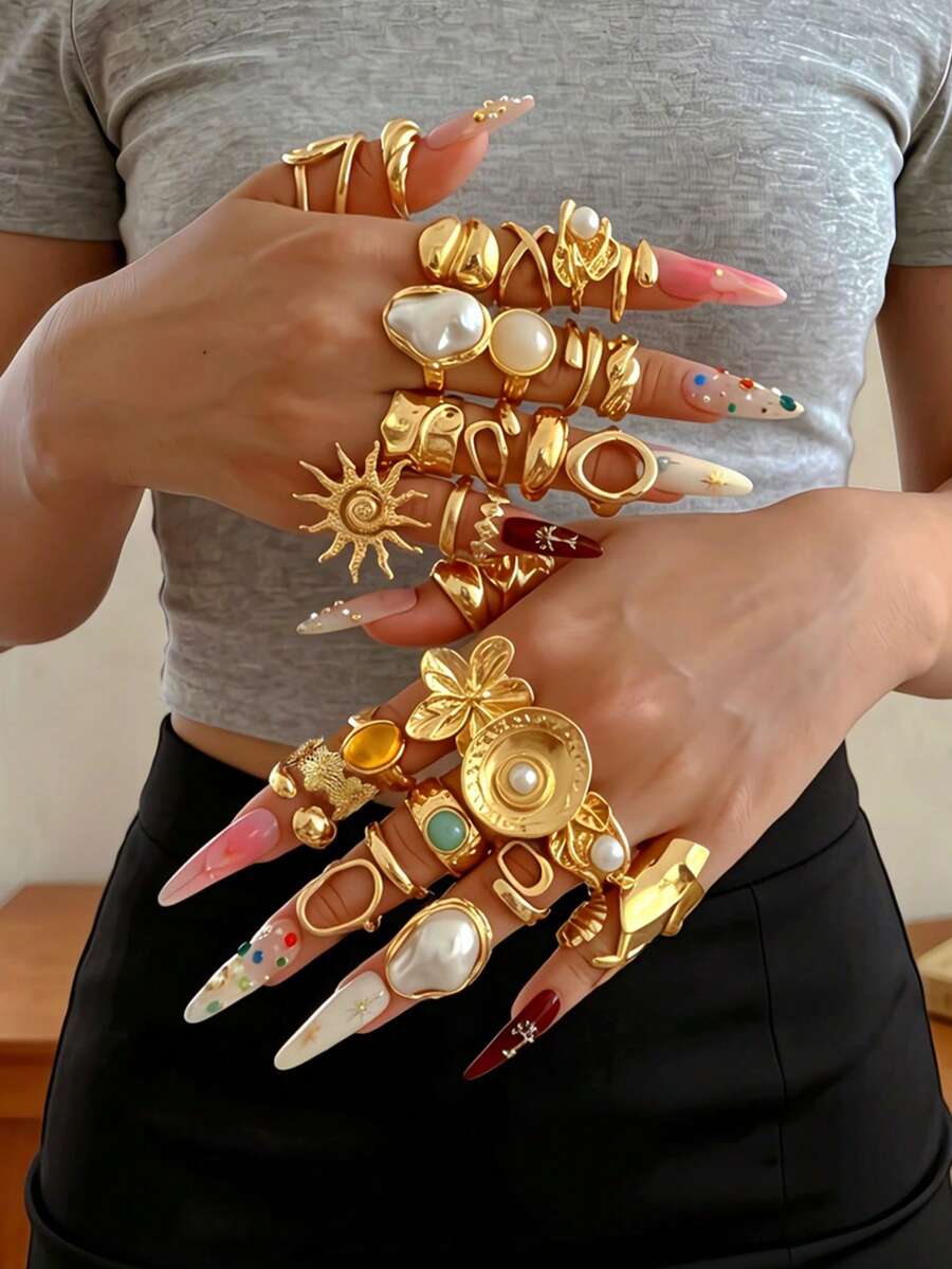 Bộ nhẫn kim loại phong cách cổ điển thanh lịch, kiểu dáng nghỉ lễ, ngẫu nhiên 22/15/8/5 chiếc, đính đá mắt mèo nhiều màu sắc, đá quý hình hoa hướng dương, ngọc trai giả, sao biển và vỏ sò, họa tiết hình học phóng đại, mặt nhẫn rộng, trang sức cao cấp Y2K dễ thương, phù hợp cho nữ giới, mùa hè, đi biển, kỳ nghỉ, tiệc tùng, buổi tối, hẹn hò, trang phục hàng ngày, lễ hội, quà tặng (Kiểu ngẫu nhiên) - Nhiều màu - Xem 1