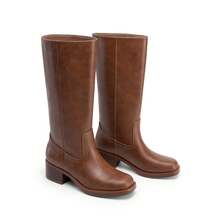 Women's Mid Calf Riding Boots Square Toe Retro Banana Boots Chunky Block Heel Pull-On Fashion Boots - Brown - View 7