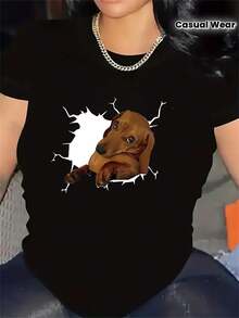 Women's Short-Sleeved T-Shirt With A Sausage Dog Design, Suitable For Home, Restaurant Or Casual Outdoor Use, Lightweight And Durable, Comfortable Fit, With A Print On A Black Background. - 黑色 - 查看 1
