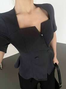 Camisa de mujer de unicolor con cuello cuadrado, doble botonadura y mangas abullonadas a la cintura - Gris - Ver 1