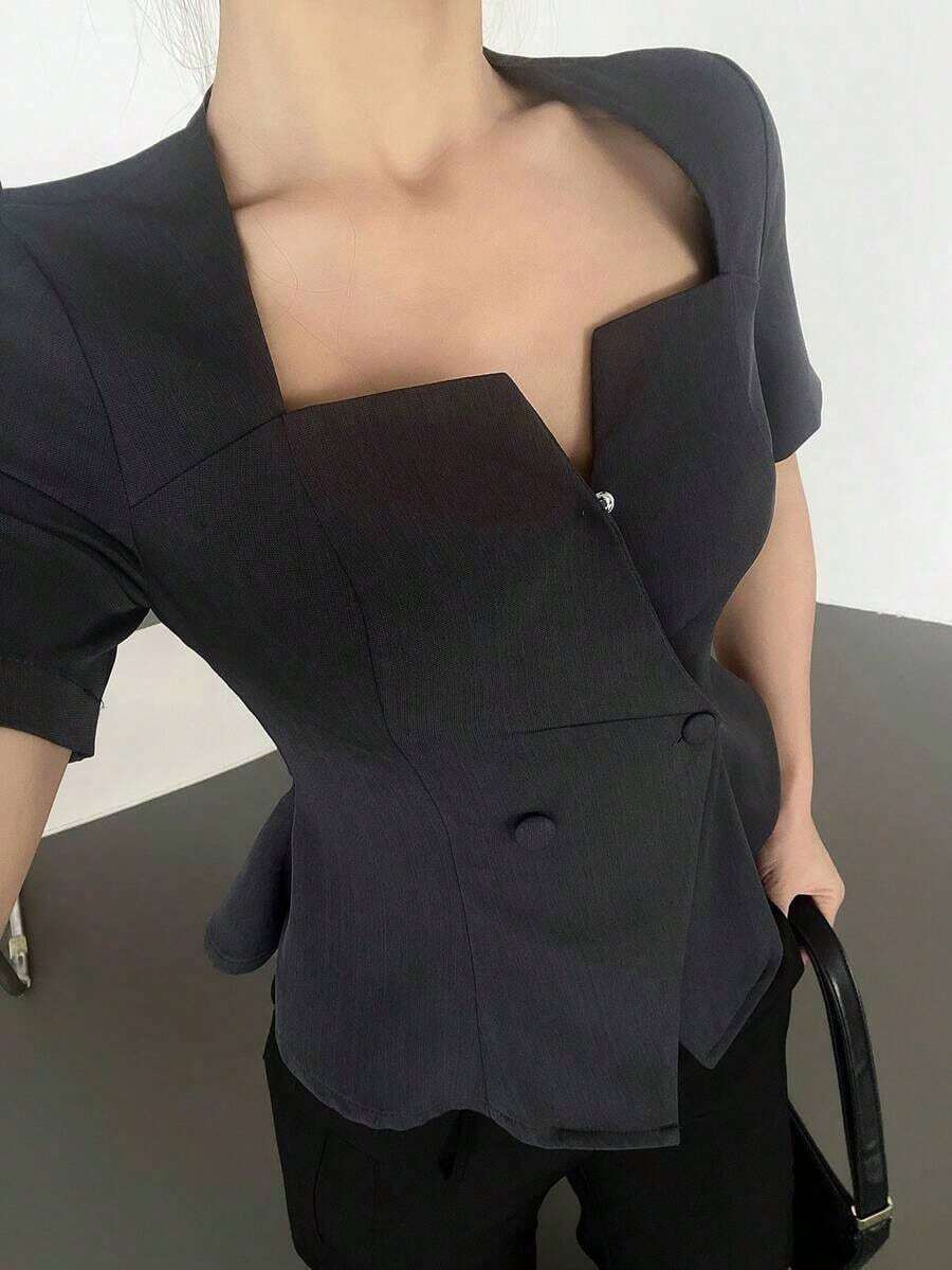 Camisa de mujer de unicolor con cuello cuadrado, doble botonadura y mangas abullonadas a la cintura - Gris - Ver 1