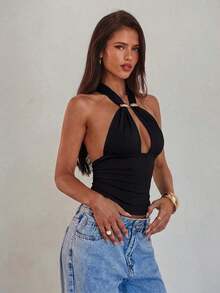Camiseta sin espalda con cuello halter y decoración de hebilla de metal hueca sexy para mujer - Negro - Ver 7