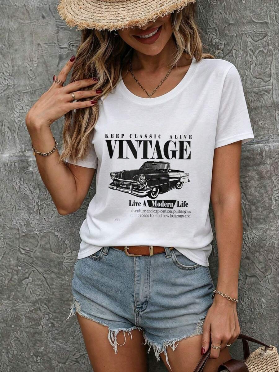 Camiseta de mujer 2026, cuello redondo, manga corta, estampada, corte holgado, estilo deportivo y casual, perfecta para verano, envío nacional. - Blanco - Ver 1