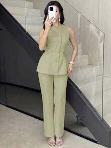 Conjunto de top sin mangas con botones delanteros y pantalones elegantes para mujer, ideal para el verano - Verde - Ver 5