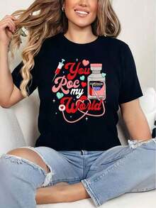 VintageCamiseta De Algodón 100% Con Estampado Tú Eres Mi Mundo Para Enfermera, Día De San Valentín, ER, UCI, UCIN, RN, Camiseta De Cuello Redondo, Camisetas Gráficas Para Mujer, Camiseta Casual De Man Summer Essentials,Summer Outfits For Women,Graphic TeesGraphic Tee - Negro - Ver 1
