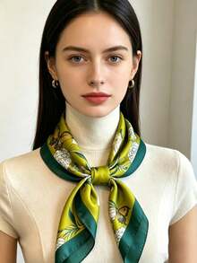 1pc Olive Green Butterfly & Floral Print Scarf, Versatile Accessory For Commuting & Decoration - Multicolor - View 1