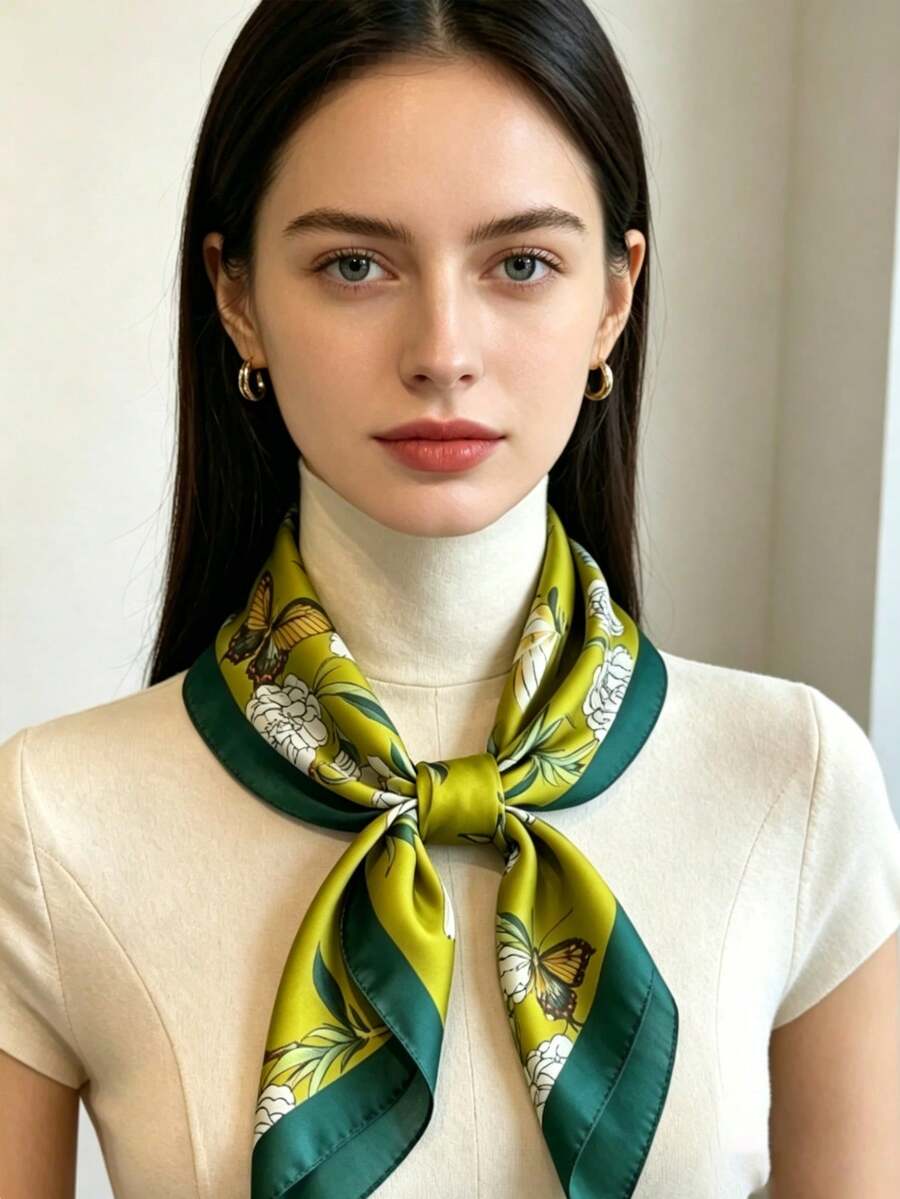 1pc Olive Green Butterfly & Floral Print Scarf, Versatile Accessory For Commuting & Decoration - Multicolor - View 1