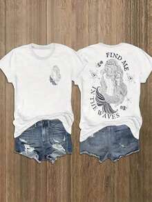 Camiseta de algodón de 220 g/m² para mujer - Camiseta con estampado frontal con la frase "Find Me Where The Waves" - Camiseta suave para uso diario casual, ideal para la playa y el descanso - Lavable a máquina, cuello redondo, camiseta de playa, estampado artístico de sirena, tela transpirable. - Blanco - Ver 1