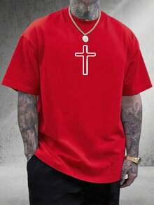Men's Classic Graphic T-Shirt, Jesus Cross, Faith, Everyday Wear, 100% Cotton, Unisex, Gift Idea For Him Or Her, Religious Clothing, Spiritual Clothing, Christian T-Shirt, Comfortable Design, Casual Style, Summer T-Shirt - 紅色 - 查看 2