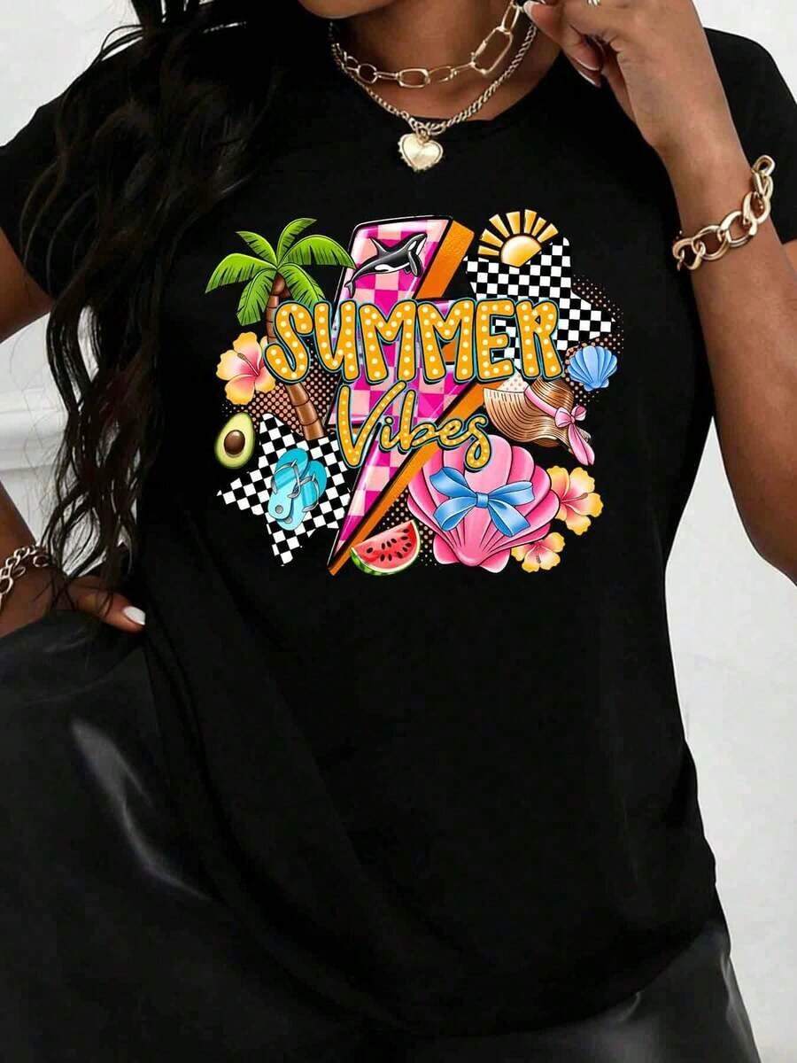 ropa de mujer Camisa de mujer con estampado de frutas tropicales, palmeras y elementos de playa, estilo veraniego, informal y deportivo, camisas de mujer - Negro - Ver 1