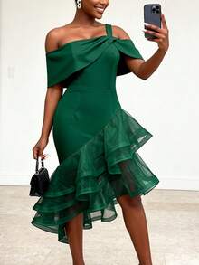 AOMEI Djupgrön Off-Shoulder Layered Mesh Bodycon Miniklänning, Sexig För Vår-/Sommarkvällar, Fester, Bröllop - Mörk Grön - Visa 2