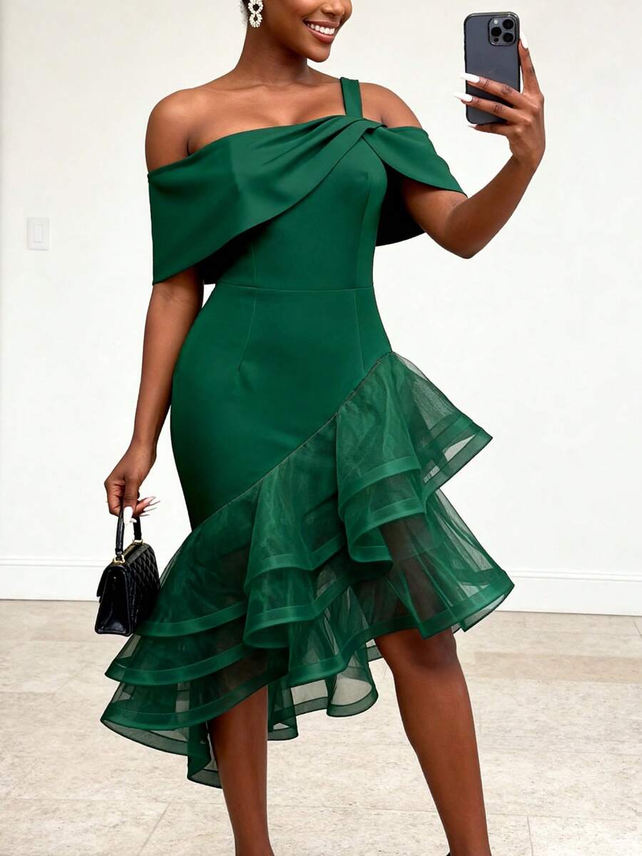 AOMEI Djupgrön Off-Shoulder Layered Mesh Bodycon Miniklänning, Sexig För Vår-/Sommarkvällar, Fester, Bröllop