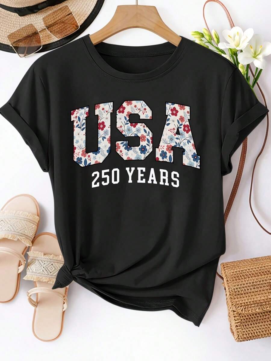 Plus Size Women's Casual Short Sleeve Crew Neck T-Shirt - Designed For American Floral's 250th Anniversary, Stretchy And Breathable Fabric Suitable For Spring And Summer, Women's Top, Comfortable Fit, Commemorative T-Shirt For American Floral's 250th Anniversary. - 黑色 - 查看 1